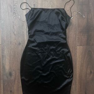 Windsor Black Satin Slip Midi Dress with Spaghetti Straps